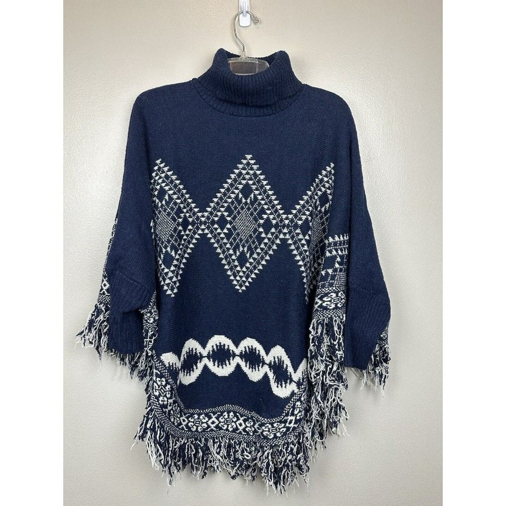 AZ Cape Poncho With Sleeves Navy With Boho Aztec Design